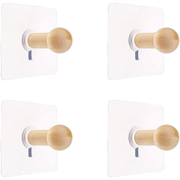 Patère - Mini Crochet Auto-Adhésif - Bois Naturel - 4 PCS - Support Mural pour Vêtements