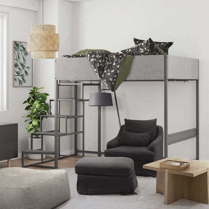 Lit mezzanine sommier escalier réversible tissu gris métal finition epoxy grise et mélamine grise - couchage 140x190 cm - DOCKLAND