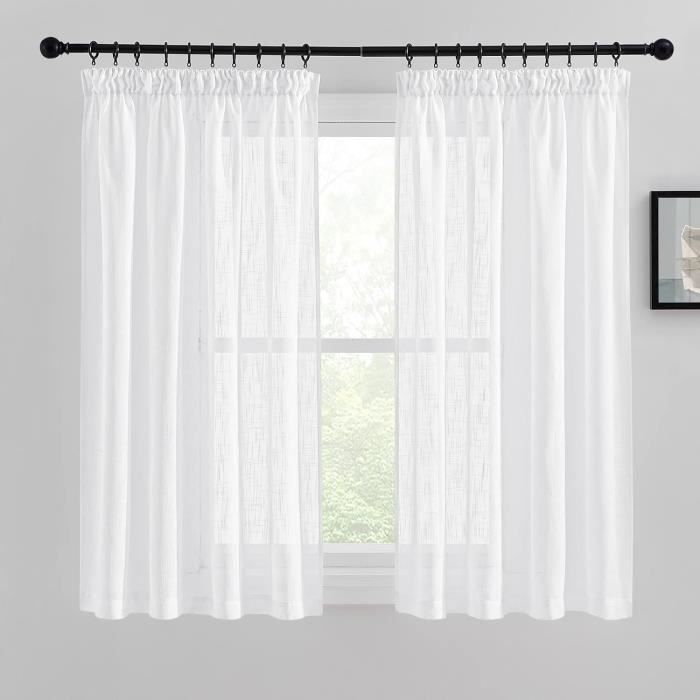 Rideaux Voilages Bistro Blanc - Lot De 2 - 76x60cm - Polyester Semi-transparent - Pour Cuisine, Salon, Chambre