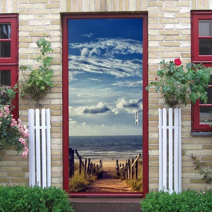 Autocollant Porte 3D Plage Océan 40x120cm - Décalcomanie Amovible Décoration Intérieure