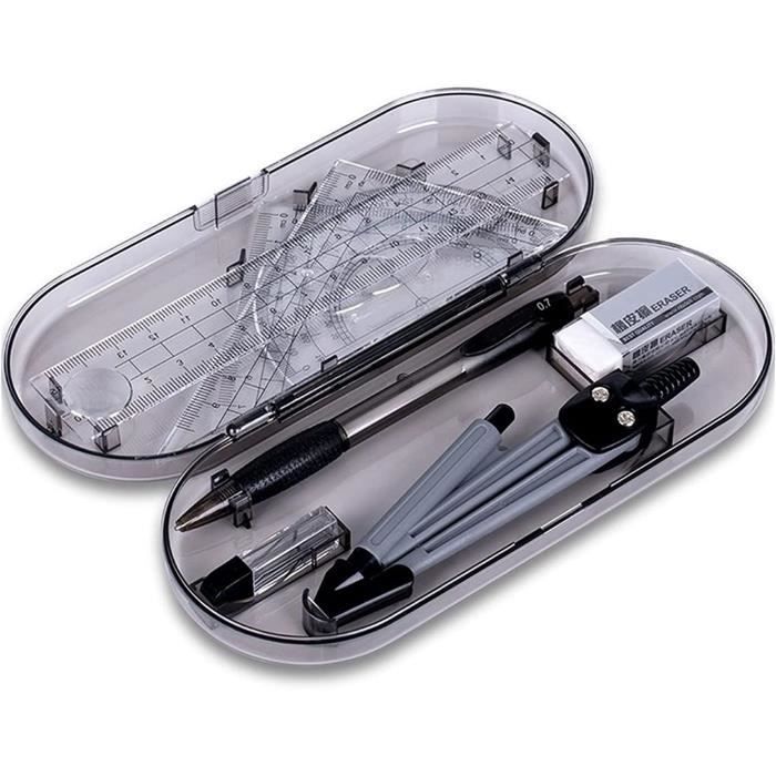KLYNGTSK Kit Géométrie 11 Pièces – Compas, Règle, Rapporteur, Équerres, Étui Transparent, Idéal Étudiants, Profs, Dessin Technique