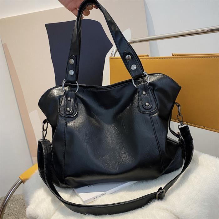 Grand Sac Bandouli re Noir en Cuir Souple de Couleur Unie pour