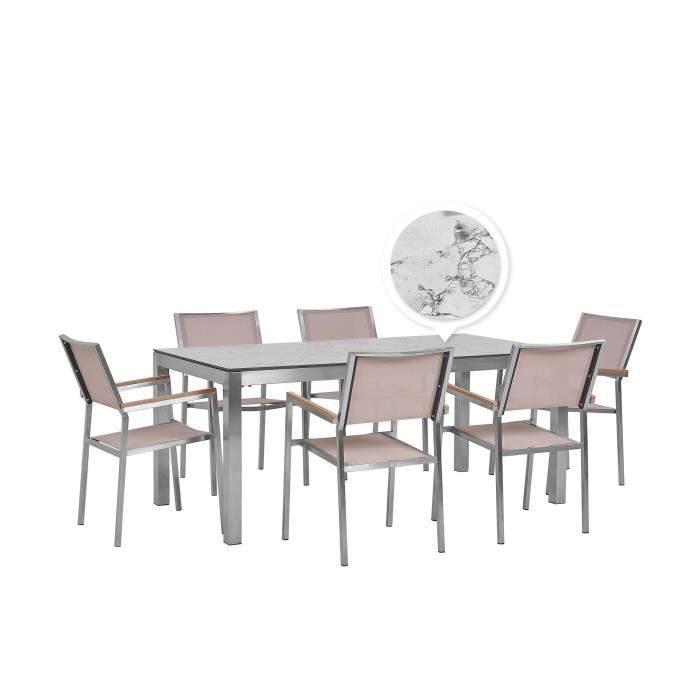 beliani table de jardin plateau blanc effet marbre 180 cm et 6 chaises beiges grosseto cdiscount jardin