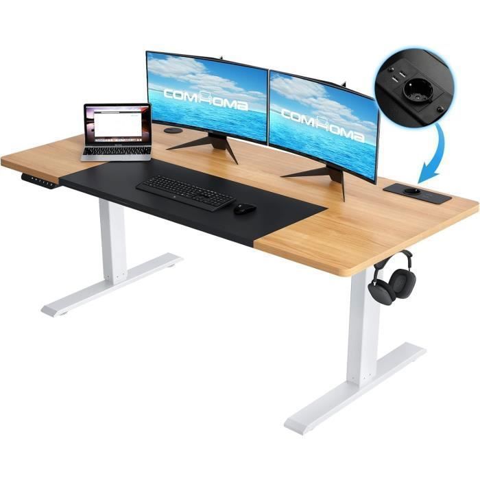 Bureau assis debout électrique - COMHOMA - 140 x 60 - Hauteur 72–114 cm - Mémoire 2 hauteurs - Marron