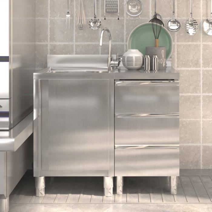 Table de Travail Cuisine, Table de Travail INOX Table de Préparation des Aliment Armoires de Cuisine Commerciale 3 pcs Acier Inoxydable