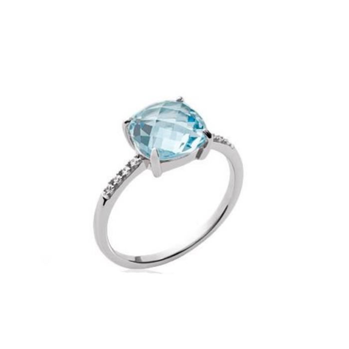 Bijoux Cn Bague Argent Rhodie Pierre Bleu Ciel Oxydes Blancs