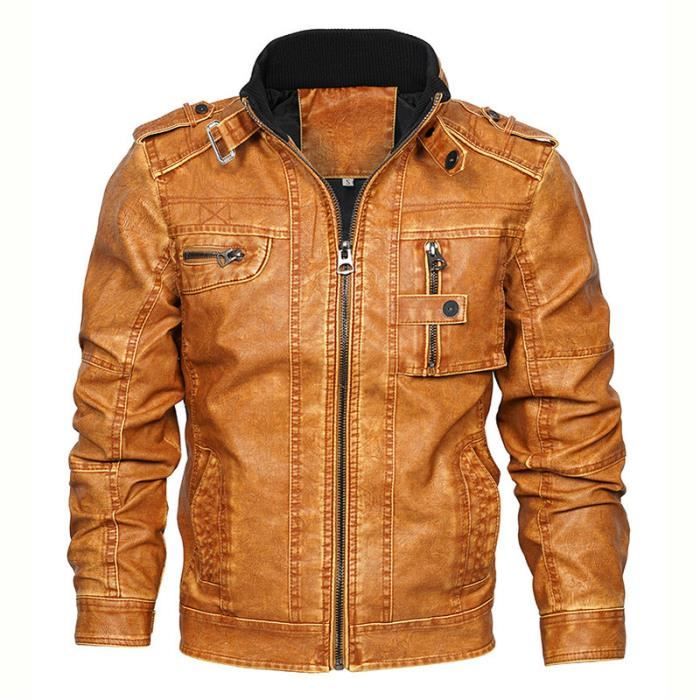 Blouson Homme en Cuir PU Multi poches Fashion Casual Printemps Automne Veste Cuir Moto Confortable Marque Luxe Veste Hommes Jaune