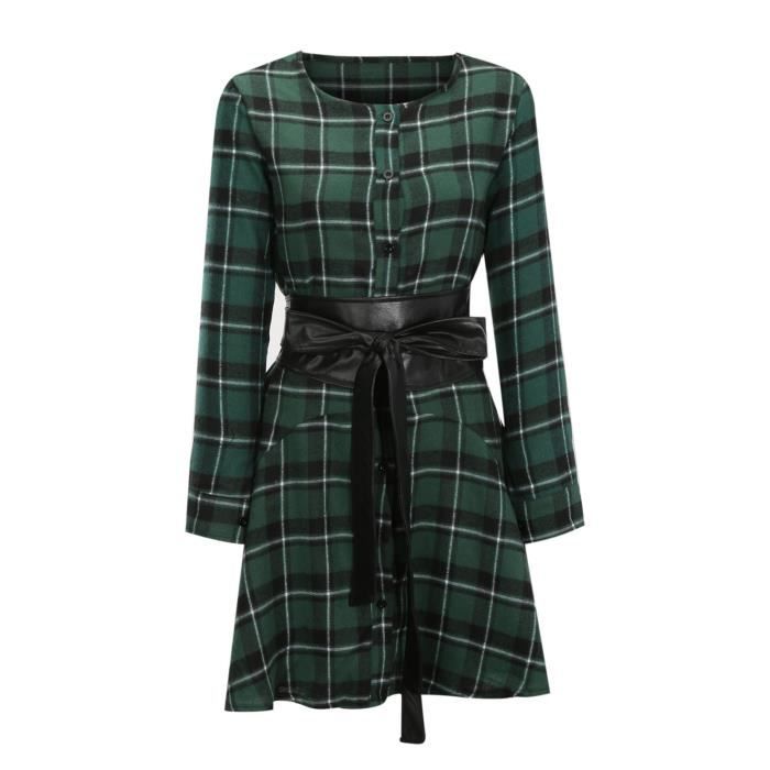 Robe femme Plaid manches longues boutonné ceinturé fête Green M Vert
