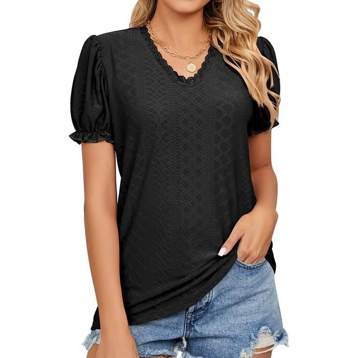 T shirt femme t bouffant col V chic t shirt oeillets dentelle loose top l gant Noir
