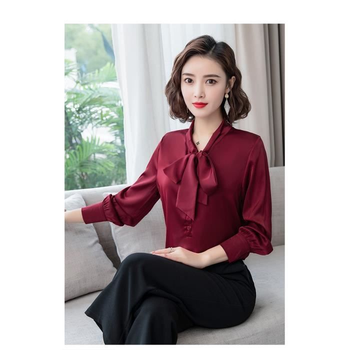 Chemise Chemisier en satin et soie pour femmes elegant couleur vive n ud manches longues mode bureau dames travail Bourgogne C Blanc Cdiscount Pret a Porter