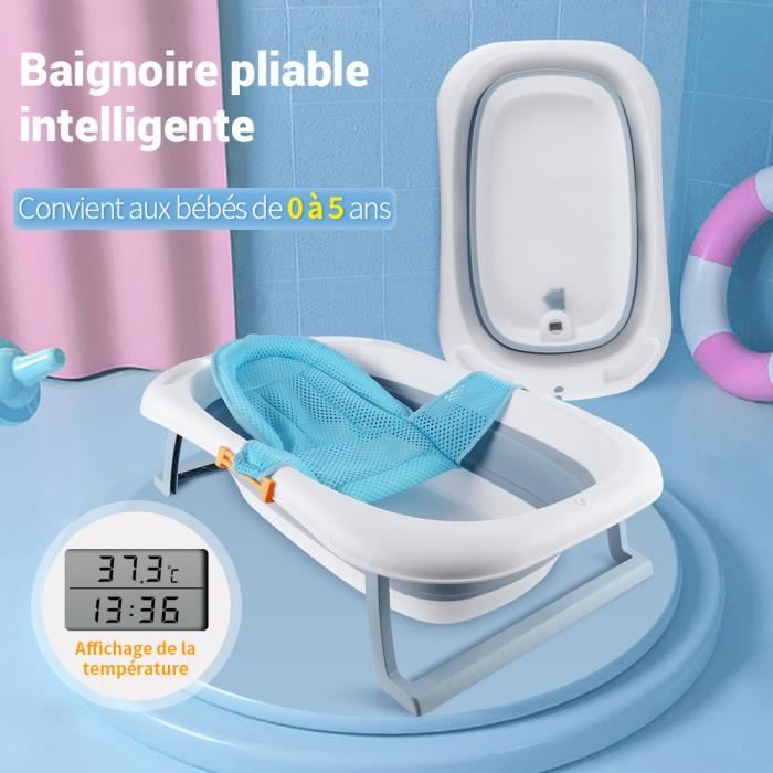 Nidouillet Baignoire Pliable pour Bébé 0-36 Mois avec Hamac de Bain et thermomètre - Bleu - 80 x 50 x 25 cm AB129