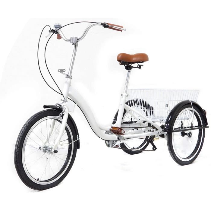 Blanc 20 pouces 3 roues Vélo 1 vitesse Tricycle pour adultes avec panier à provisions