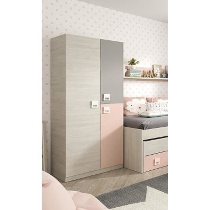 armoire enfant avec 2 portes coloris blanc alpes - rose - 200 x 90 x 52 cm