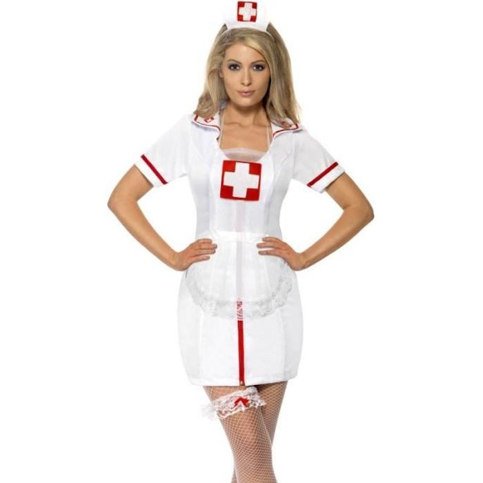 Set d'infirmière blanc et rouge - SMIFFY'S - Taille Unique - Tablier Coiffe Jarretière
