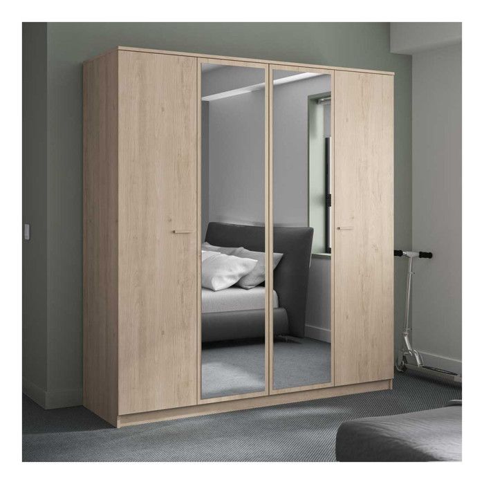 Armoire 4 portes 2 miroirs Chêne blond MAILLE L181 x l60 x H200 cm