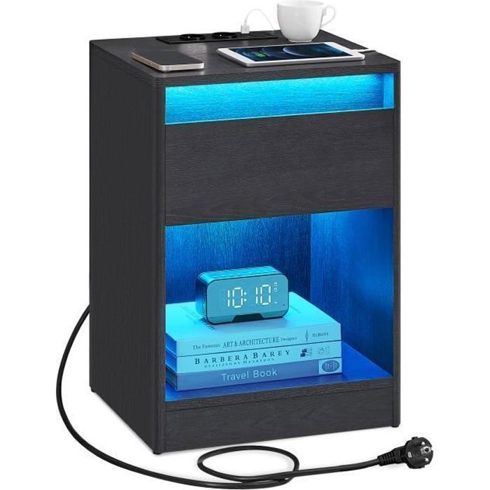 Table de Chevet - VASAGLE - Noir Cendré - Multiprise et Lumières LED Réglables