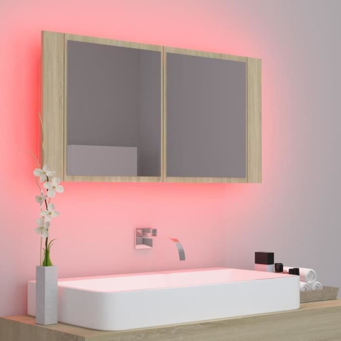 armoire de salle de bain à miroir à led chêne sonoma 90x12x45cm mey - vingvo - contemporain - design - marron
