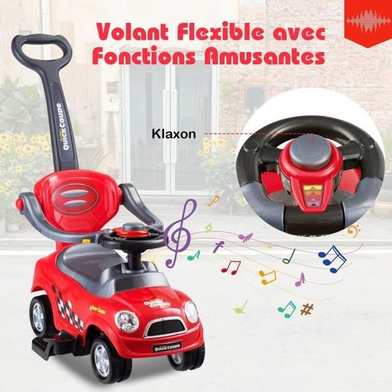 DREAMADE Voiture Enfant Lamborghini 3-en-1 : Poussette, Trotteur Et Mini-Volant 25 Kg, Avec Musique, Lumières Et Son Moteur – Dès 18 Mois (Blanc)