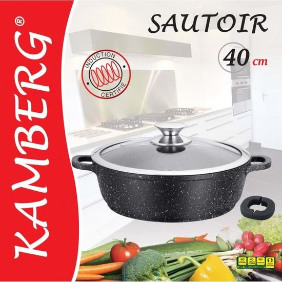 Kamberg - Marmite Faitout 20 cm - Fonte d'Aluminium - Revêtement Type  Pierre - Couvercle en Verre - Tous Feux dont Induction - Sans PFOA - 0008031