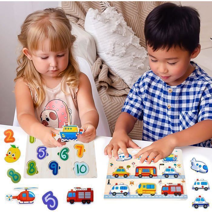 Lot De 5 Puzzles En Bois Éducatifs Montessori – Alphabet, Nombres, Formes, Véhicules, Fruits, Animaux – Dès 1 2 3 Ans