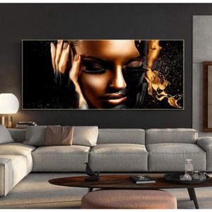 Art Africain Femme Noire avec Coiffe dorée peintures sur Toile Art Mural Fille Africaine