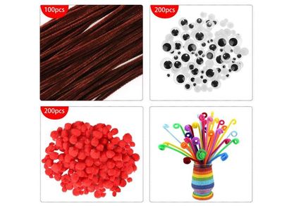 Kit Bricolage Enfant 1200+ Pièces - Pipe Cleaners, Pompoms, Yeux, Plumes Et Accessoires Créatifs DIY