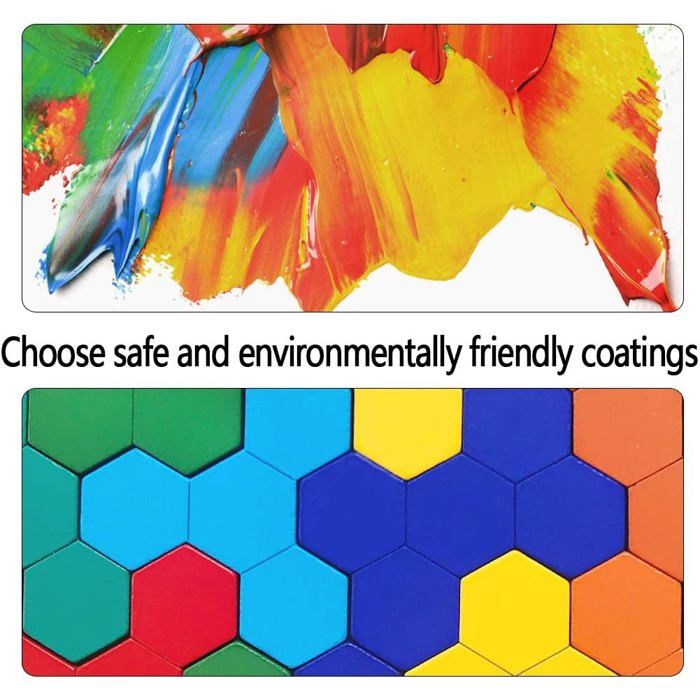 Tangram Hexagonal Enfant Puzzle Géométrique En Bois CHUANGOU - Tangram Hexagonal, 16 Pièces, 7 Couleurs, Pour Enfants 4-6 Ans