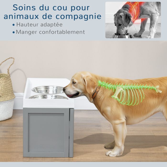 PawHut Gamelles Chiens Surélevées - Porte-gamelles surélevé Chat Rangement 2 en 1 - tiroir, 2 gamelles 2L - en Acier INOX. et Bois Blanc Gris PawHut Gamelles Chiens Surélevées - Porte-gamelles surélevé Chat Rangement 2 en 1 - tiroir, 2 gamelles 2L - en Acier INOX. et Bois Blanc Gris