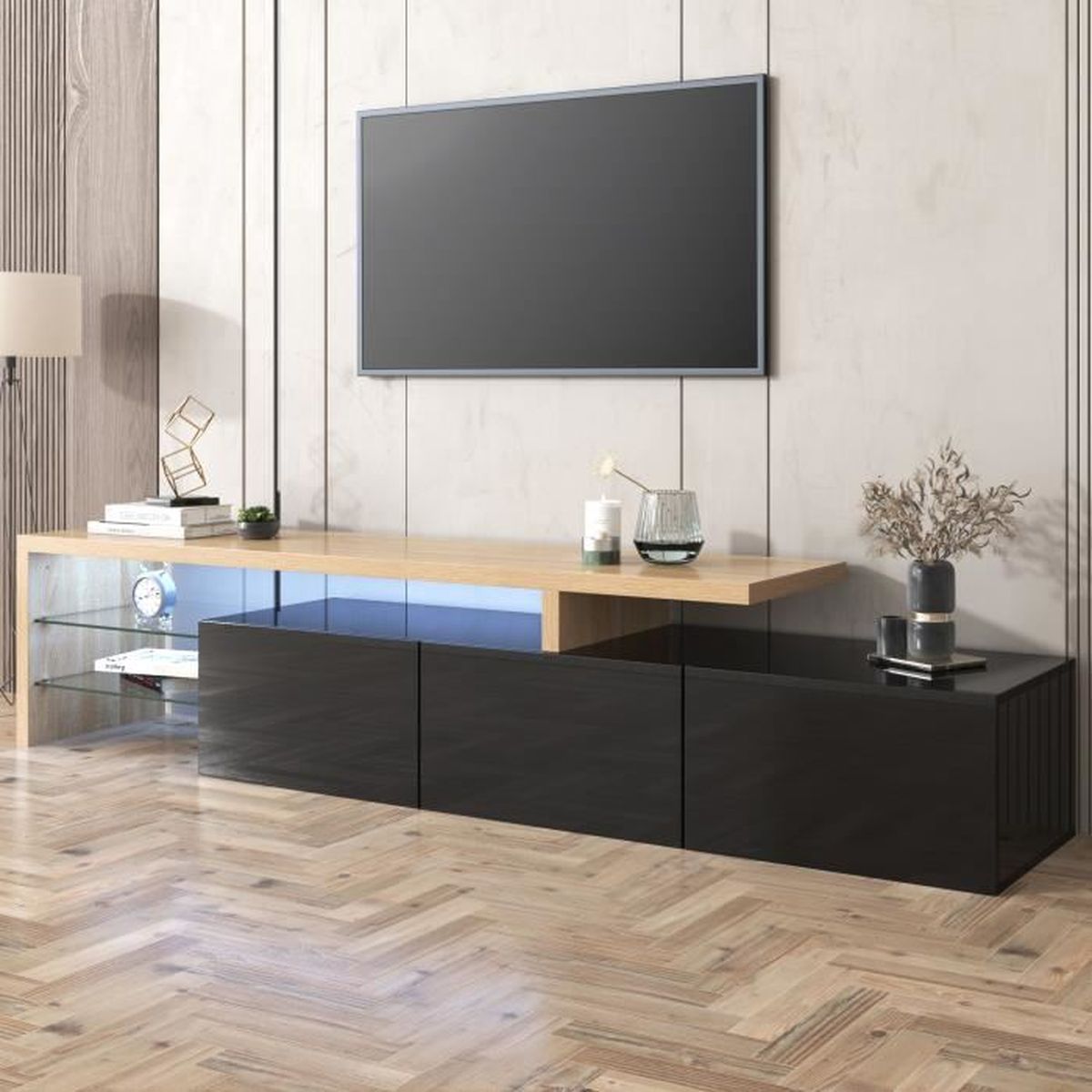 Meuble TV noir en bois, 150cm, rangement varié, design moderne et minimaliste. | Leroy Merlin