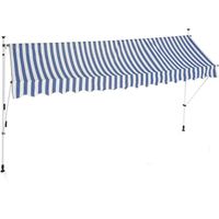 Store banne telescopique de balcon manivelle hauteur reglable resistant uv polyester acier 400 x 120 cm blanc et bleu