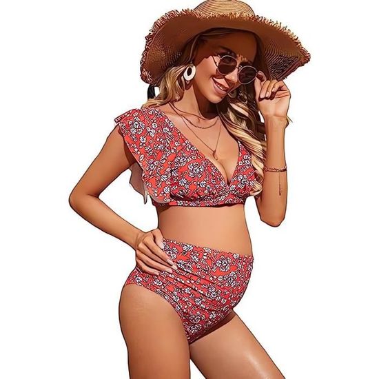 Maillot de Bain 2 Pièces Grossesse Femmes Maternité Enceintes Bikini Enceinte Col en V Vêtements
