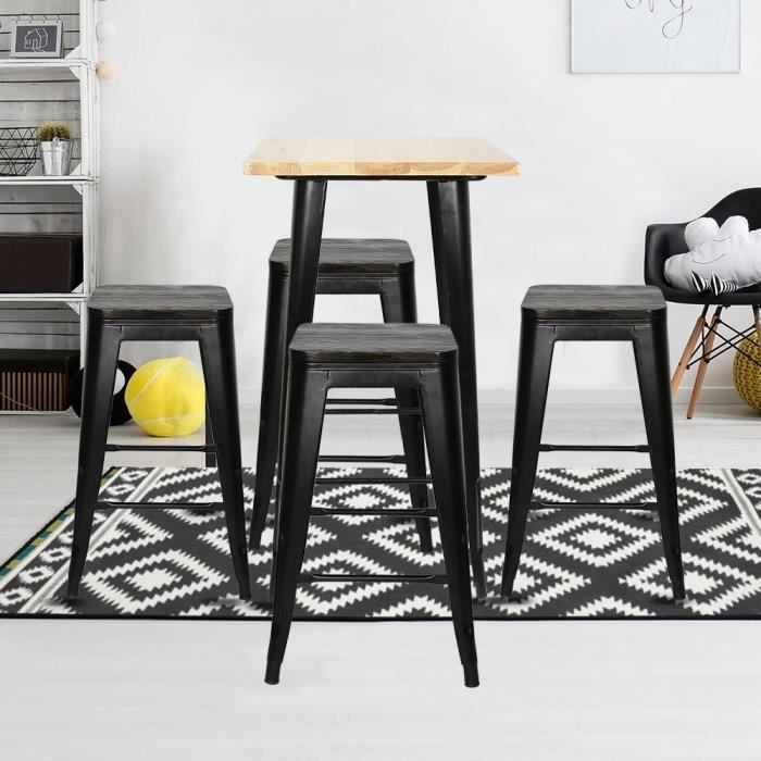 4x tabouret de bar industriel avec siège en bois, POPSMIT chaise de comptoir, métal, design industriel, empilable