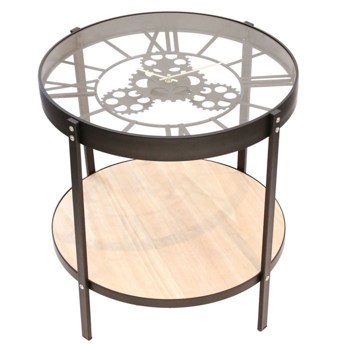 Home Deco Factory HD6447 Table basse d'appoint ronde Horloge Noir beige et transparent Métal bois et verre Grand modèle D50,5xH51cm