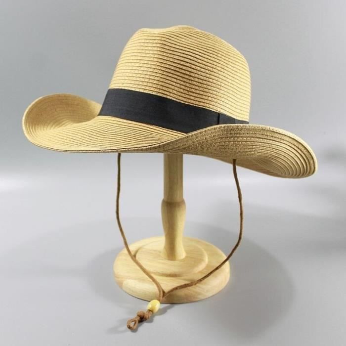 Kaki 58cm -Chapeau de paille pliable pour homme, chapeau de Cowboy, de plage, de Panama, grande tête, Fedora, 58CM, 60CM, 62CM