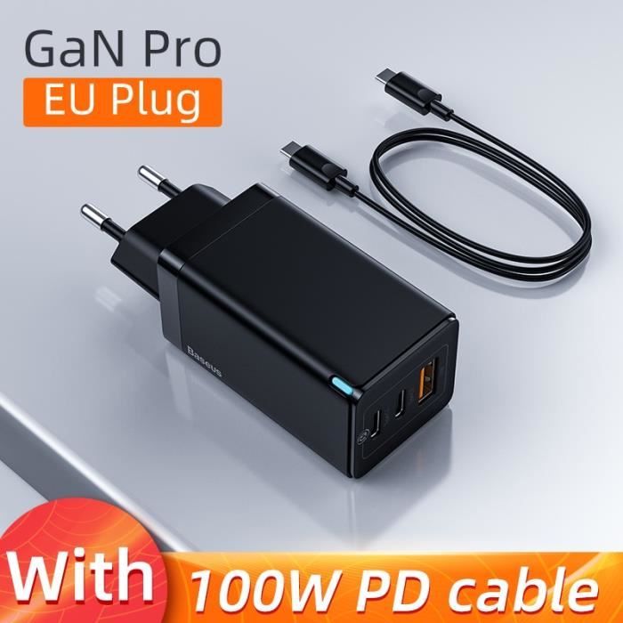 Chargeurs,Chargeur Baseus 65W GaN Charge rapide 4.0 3.0 Type C PD chargeur USB avec QC 4.0 3.0 chargeur - Type EU With Cable Black