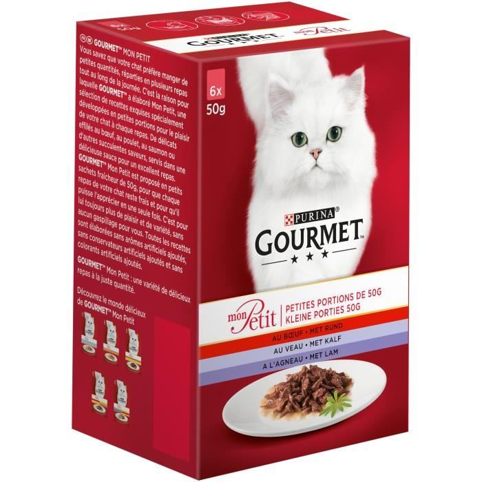 GOURMET Mon Petit au veau, au bœuf, à l'agneau - Sachets fraîcheur - Pour chat adulte - 6 x 50 g