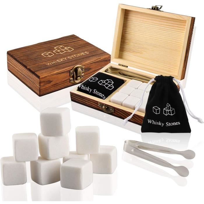 9 Pièces Pierres à Whisky, Pierres à Whisky en Granit, Glaçons Réutilisables avec Sacs à Cordon, Pinces et Caisses en Bois Fines,290