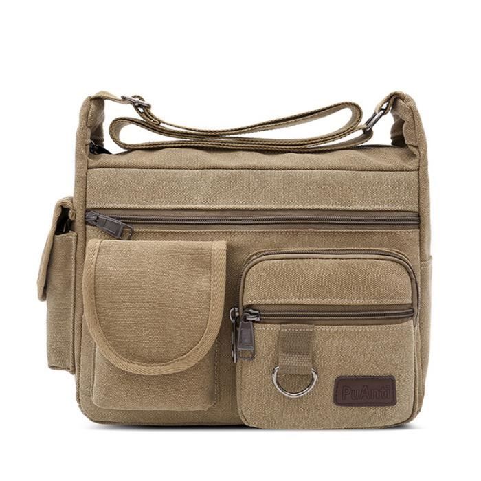 Sac d'épaule homme bandouliere Vintage besace en toile pour Hommes et Femmes Postuler à voyage Sport Travail Kaki