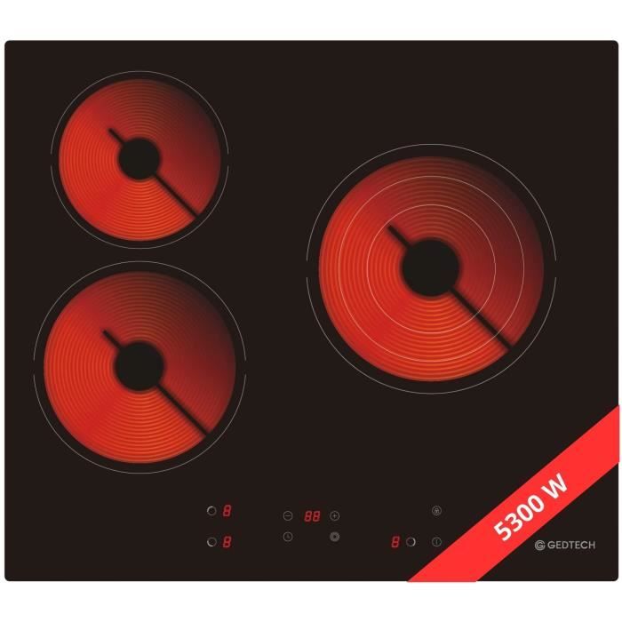 GEDTECH Plaque Vitrocéramique 3 Foyers GTV3Z5300B - 5300W - Touche Sensitive - 9 Niveaux de puissance - Minuteur - Verre Noir