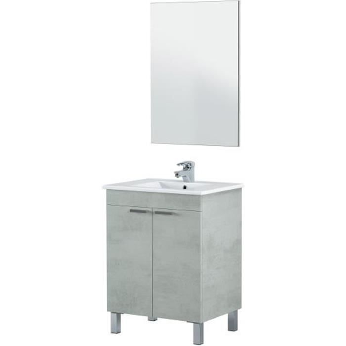 Meuble salle de bain Sous-vasque 60 cm,2 portes + Miroir coloris béton - Hauteur 80 x Longueur 60 x Profondeur 45 cm