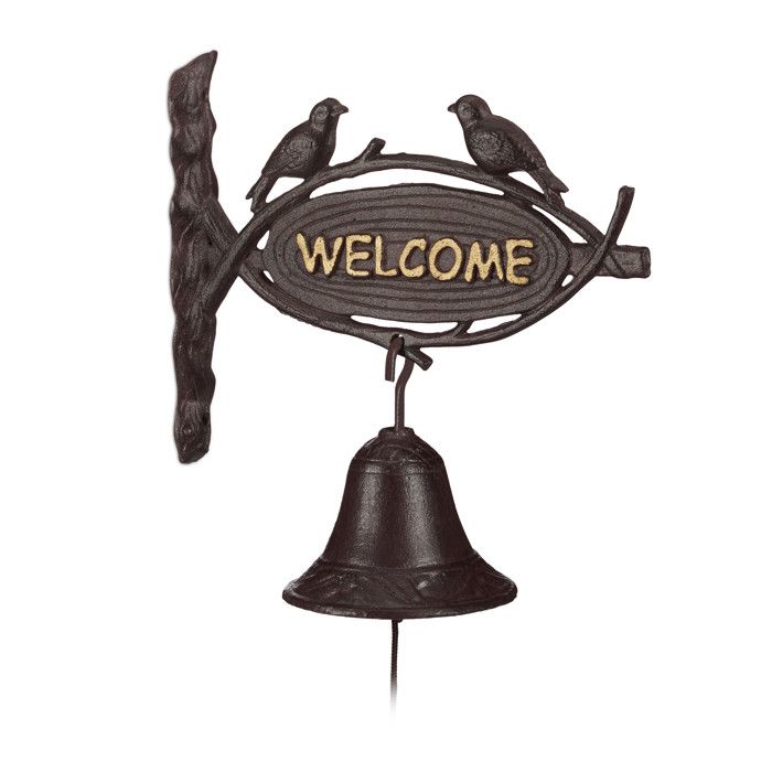 Relaxdays Cloche Sonnette Fonte WELCOME Style antique Lettres d’or Enseigne Oiseaux Porte Maison & Jardin, brun foncé -