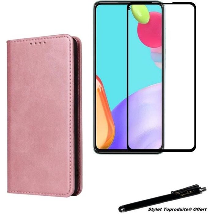 Etui portefeuille rose pour Samsung Galaxy A52 4-5G à fermeture magnétique et Verre trempé bords noirs avec Stylet Toproduits®