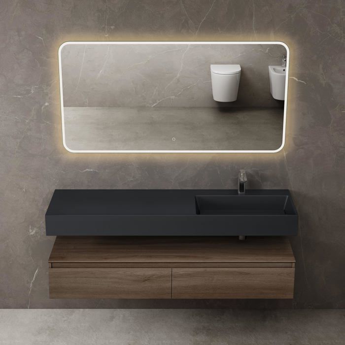 Mai & Mai Meuble de Salle de Bain Marron Ensemble de 3 Pièces Meuble avec Lavabo 150cm et LED Miroir Design Up avec 2 Grands Mai & Mai Meuble de Salle de Bain Marron Ensemble de 3 Pièces Meuble avec Lavabo 150cm et LED Miroir Design Up avec 2 Grands