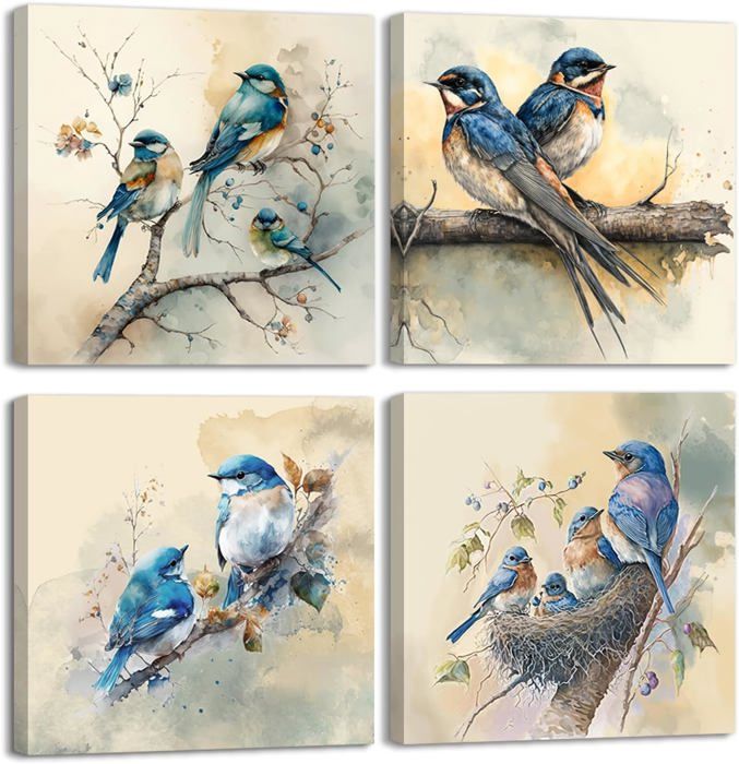 Painting Lot de 4 Impression sur toile Beaux oiseaux Toile Tableaux Animaux Décorations Murales avec cadre intérieur 30x30cm