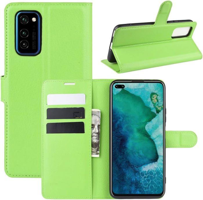 Étui en cuir PU avec motif de litchi, support intégré et fermeture magnétique pour Honor View 30