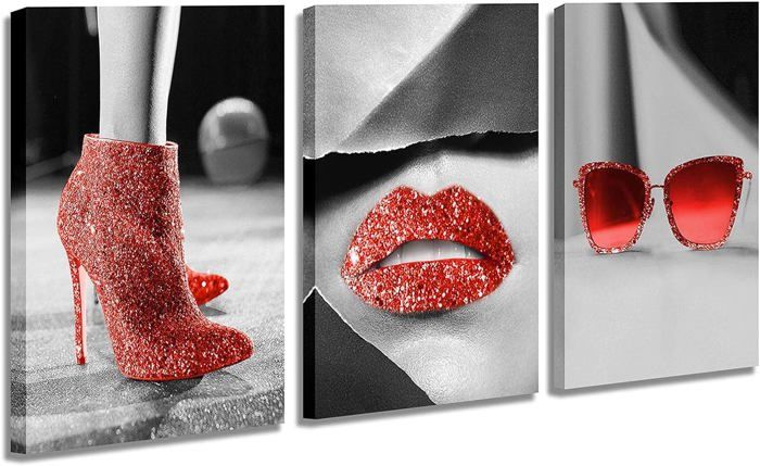 Art mural sur toile noir et blanc pour femme avec talons hauts et lunettes de soleil rouges et lèvres rouges encadré 30X40cm Art mural sur toile noir et blanc pour femme avec talons hauts et lunettes de soleil rouges et lèvres rouges encadré 30X40cm