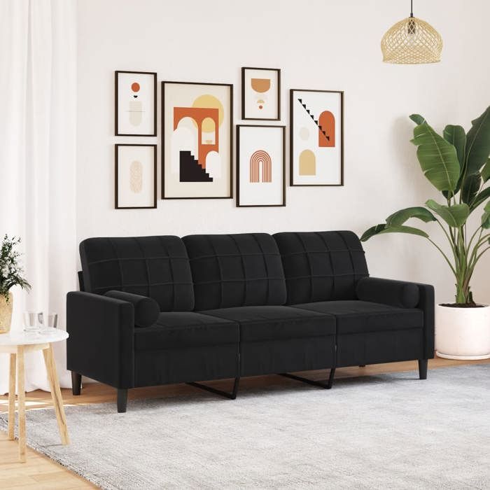 vidaXL Canapé 3 places avec oreillers décoratifs noir 180 cm velours canapé canapé de salon canapé 3 places en velours 3278234