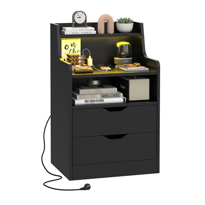 Table de chevet avec prise et ports USB - PIPIPOXER - Chevet Noir avec 2 tiroirs et LED