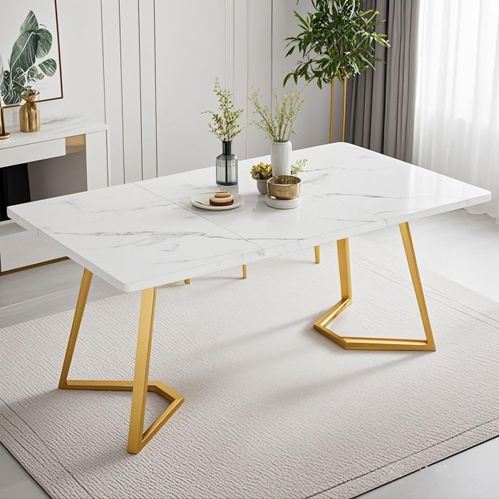 Table à manger moderne - Table - 140 x 80 x 75 cm - Pieds en métal - Or + Blanc