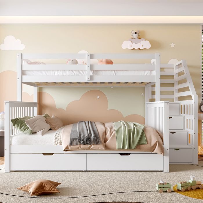 Lit superposé 2 Lits 90/140 x 200 cm avec 2 tiroirs lit mezzanine pour 2 enfants avec escalier-rangement Blanc (sans matelas)